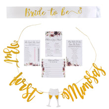Load image into Gallery viewer, Floral Bridal Shower Games pack with But First Mimosas Banner and Bride To Be Sash